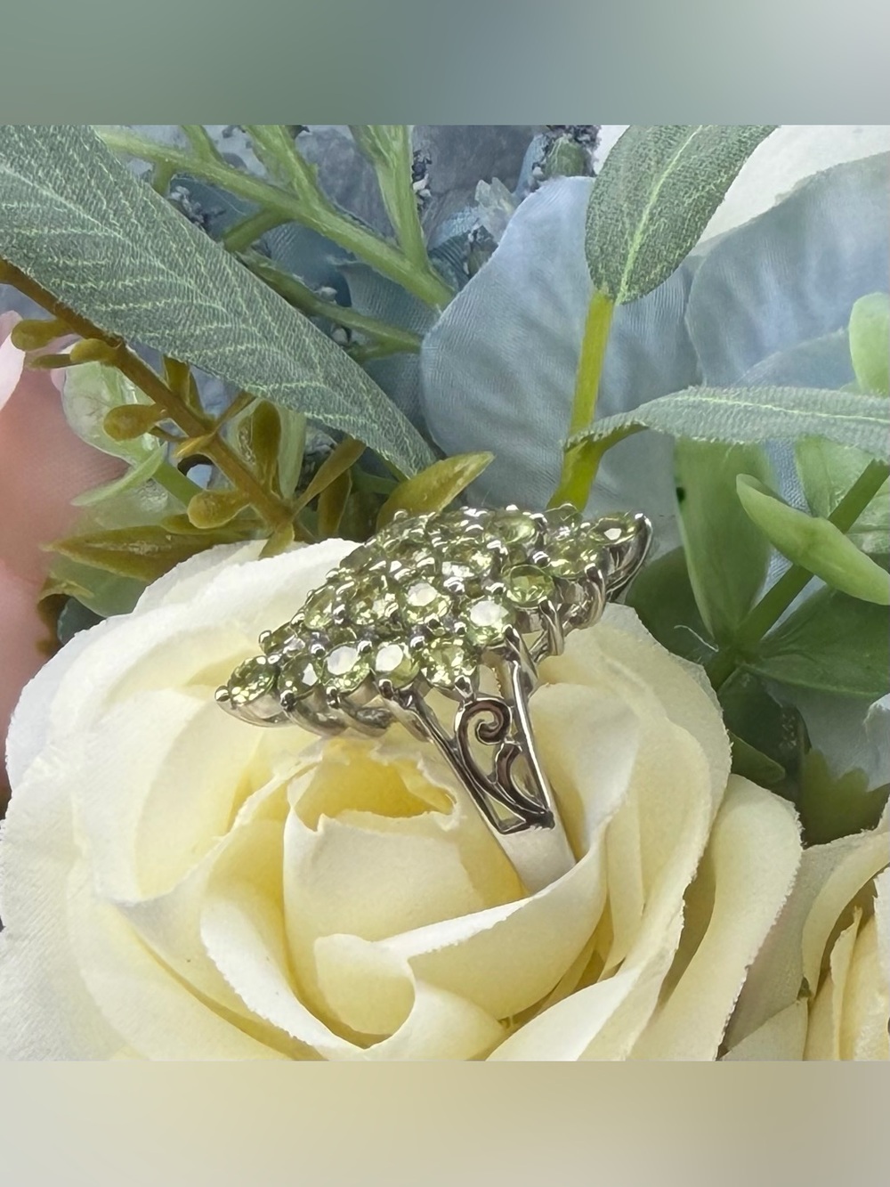 Stunning 3CT Natural Green Peridot Cluster 14K Gold over 925 Sterling Ring Sz 7 - Picture 7 of 14